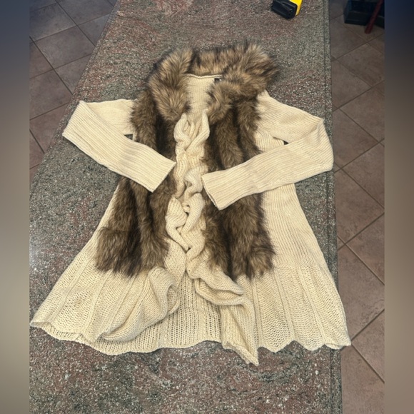 2K Fairy Grunge Faux Fur Chunky Knit Open Cardigan Women’s  Chocolate Beige XS - Picture 7 of 14